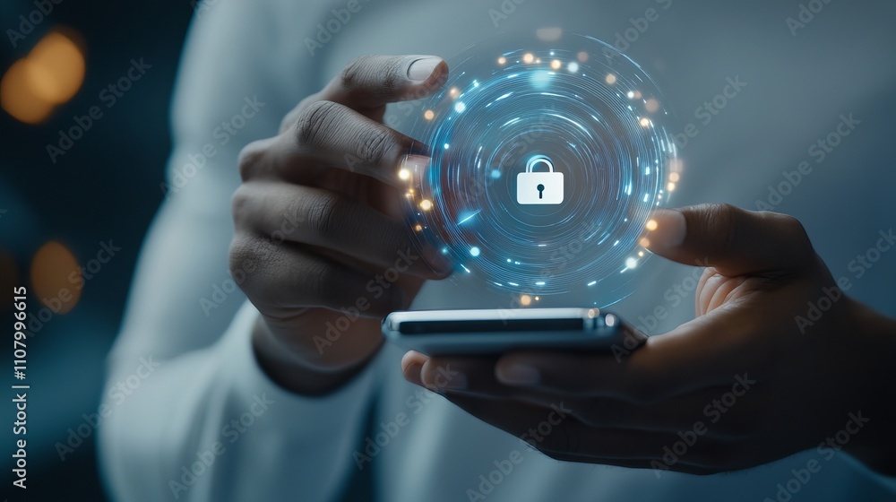 Poster digital shield lock and personal information icons appear as a man uses a smartphone illustrating cy