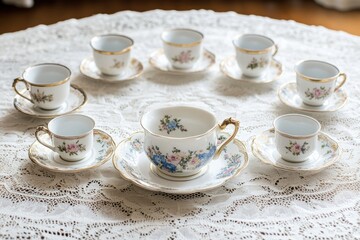 Fototapeta premium Antique floral teacups arranged on lace tablecloth