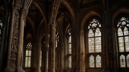 Obraz premium Gothic cathedral interior, sunlight through stained glass windows.