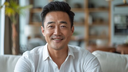 Obraz premium A middle-aged Asian man with short spiky gray hair wearing a light-colored button-up shirt sitting On a white couch and smiling at the camera.