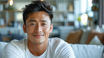 Fototapeta premium A young Asian man in a white t-shirt is seated on a white couch.