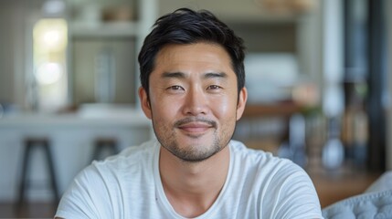 Obraz premium A young Asian man with dark hair and a white shirt sits in a blurred cozy living room setting.