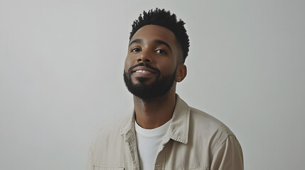 Fototapeta premium Smiling bearded young black man wearing casual clothes against a white background