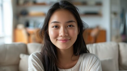 Fototapeta premium The image depicts a young Asian woman with long dark hair and a white shirt seated in front Of a blurred living room background.