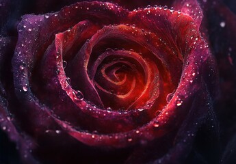 Close-Up Photograph of a Dew-Kissed Deep Purple Rose Petals with Water Drops and a Vibrant Center, Showcasing Nature's Intricate Beauty and Elegance