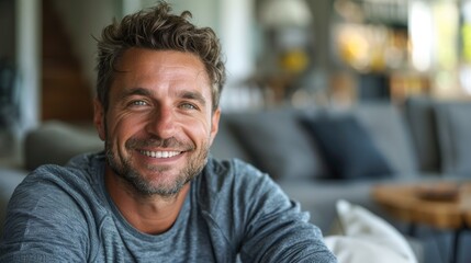Obraz premium The image depicts a man with a warm smile leaning On a table in a cozy living room setting.