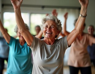 Active seniors enjoy fitness class. Elderly people exercise together. Joyful, celebrate life. Group physical exercise promotes community, wellness in retirement. Seniors fun, happy. In fitness center