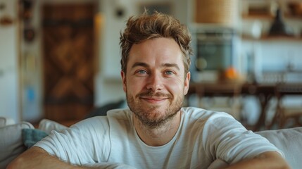 Obraz premium A man with blue eyes and brown hair wearing a white t-shirt sitting on a couch with his arms resting on the back.