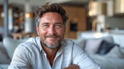 Obraz premium The image depicts a middle-aged man with a warm smile leaning On a table in a living room wearing a white linen shirt.