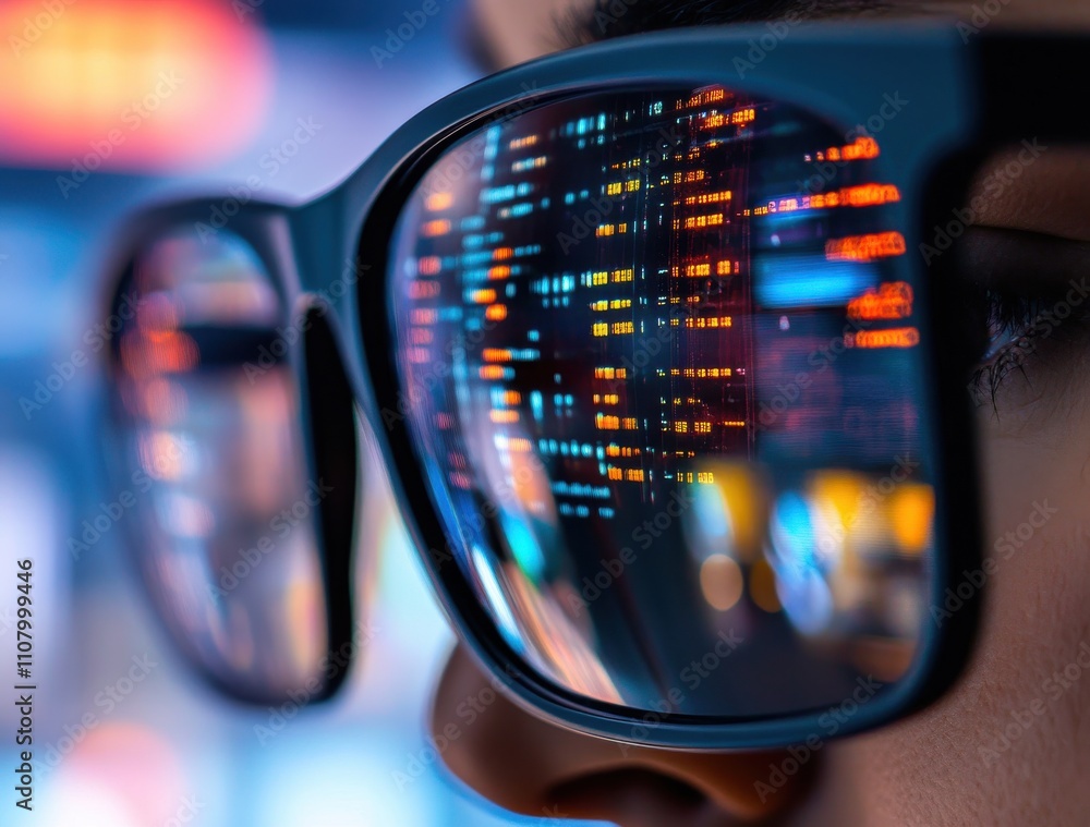 Poster Close-up View of Modern Eyewear Reflecting Digital Data and Abstract Light Patterns, Symbolizing Technology, Innovation, and Future Perspectives in a Tech-Driven World