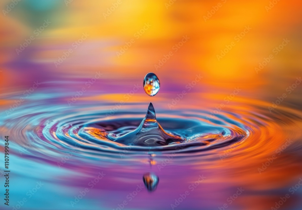 Poster colorful and vibrant water drop splashing into liquid surface, capturing dynamic motion and reflecti