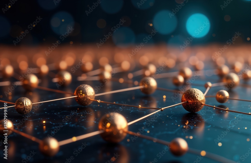 Fototapete futuristic digital network matrix. golden spheres connected by lines. abstract tech concept. complex