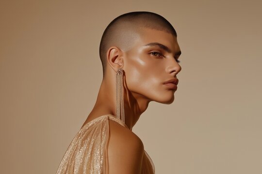 Male model with short hair, feminine dress. Fashionable portrait of man in golden sheer dress. Elegant earrings, soft lighting. Stylish, modern look. Suitable for fashion beauty magazines. Studio - Powered by Adobe