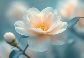 Fototapeta premium Delicate Blooming Flower with Soft Petals and Gentle Colors Surrounded by Lush Greenery in a Serene Nature Setting