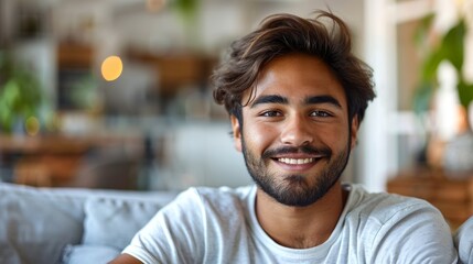 Obraz premium The image depicts a young man with a warm smile exuding a sense Of happiness and contentment.