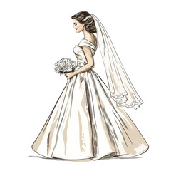 Fototapeta premium A graceful bride in a flowing gown holds a bouquet, showcasing elegance and beauty in her wedding attire.