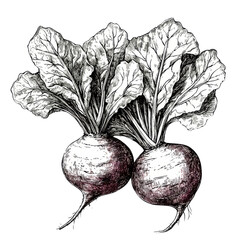 Two vibrant radishes with leafy greens, showcasing their fresh, earthy appearance and intricate details.