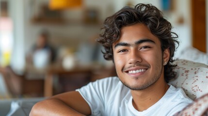 Obraz premium A young man with a warm smile. showcasing his teeth and dark brown eyes seated on a couch Or chair possibly in a living room or restaurant