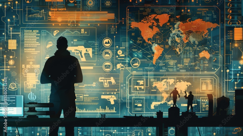 Poster a silhouette of a person in front of a digital interface with global data.