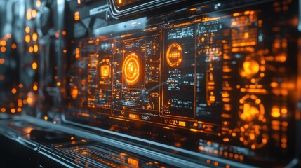 Obraz premium Futuristic control panel with glowing orange lights and digital displays.