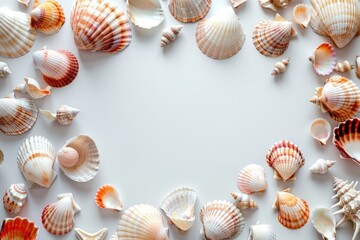 Obraz premium Multicolored sea shell frame on white background.