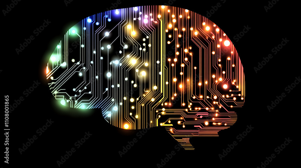 Aufkleber Digital illustration of brain with neural circuits and colorful lights representing artificial intelligence concepts