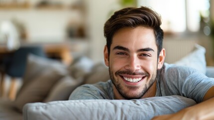 Obraz premium The image depicts a young man with a warm smile leaning On a couch exuding a relaxed and carefree atmosphere.