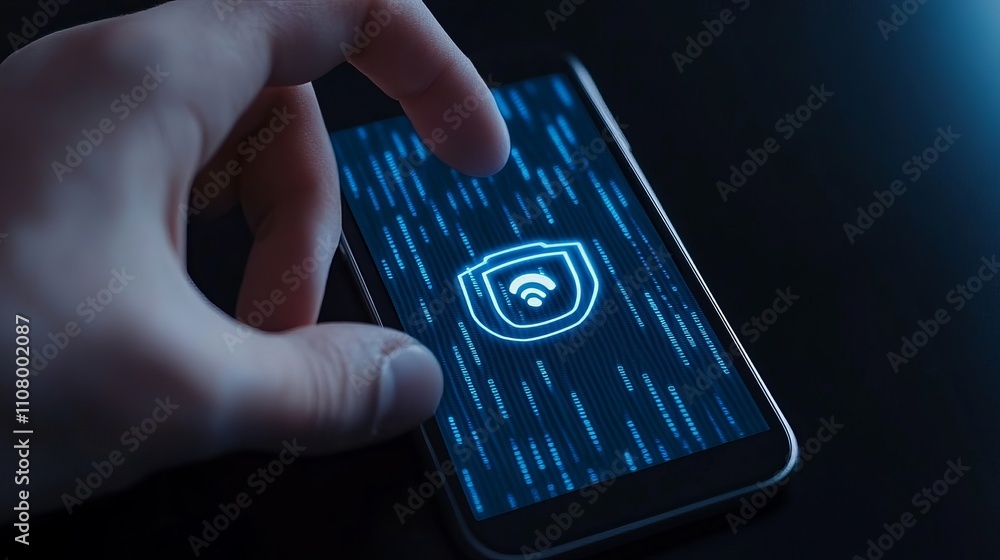 Poster online security and password protection concepts depicts login processes on smartphones for bank acc
