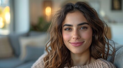 Obraz premium The image presents a close-up portrait Of a young woman with a warm smile exuding a sense Of happiness and contentment.