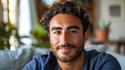 Obraz premium A young man with brown hair and beard smiles at the camera wearing a blue shirt.