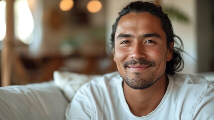 Obraz premium A man with long dark hair pulled back wearing a white t-shirt sits On a white couch smiling at the camera.