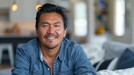 Obraz premium The image depicts a man with dark hair and a denim shirt sitting in a room with a blurred background.