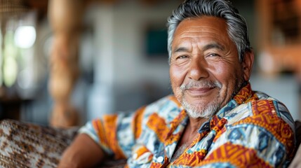 Obraz premium The image depicts an older man with gray hair dressed in a vibrant multicolored shirt sitting comfortably. He appears to be relaxed possibly at a restaurant Or in a casual setting.
