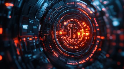 Obraz premium Glowing Bitcoin symbol in a futuristic digital setting.