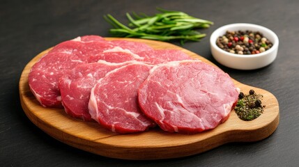 Fototapeta premium Tender, marinated steak is elegantly sliced and arranged on a wooden board, accompanied by spices and a meat cleaver on a dark stone backdrop