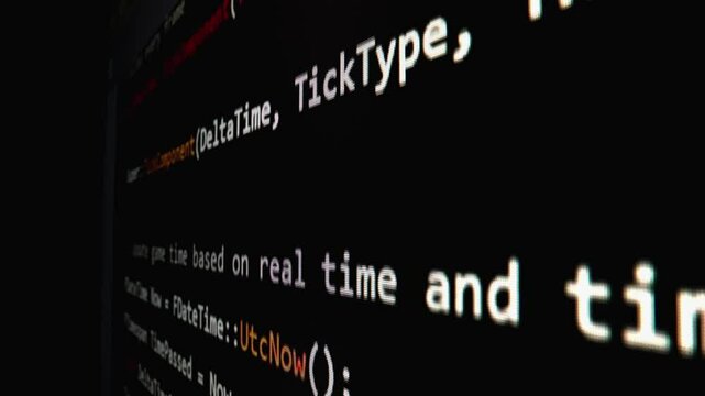 Closeup macro shot movement of coding script moving across LED screen with real-time AI-generated typing, showcasing advanced AI learning in optimization, debug and coding for software development.