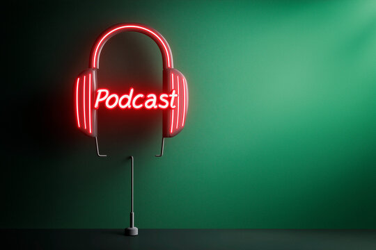  red neon "Podcast" sign glowing against a dark green lit background. Perfect for stock use in media, podcast, or broadcasting content, conveying a modern, vibrant, and tech-savvy vibe.