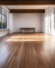 Fototapeta premium Light-filled room with wooden flooring and simple table in modern interior design