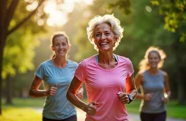 Active senior women enjoy jog in park. Friendships, physical exercise highlighted during sunny day. Look happy, focused. Vibrant outdoor scene of health, wellness captured. Picture shows fun, energy