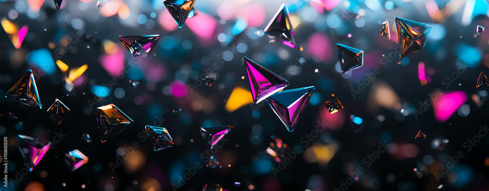 Poster Colorful geometric shapes float dynamically in a vibrant and abstract digital background