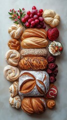 Fototapeta premium A colorful assortment of artisanal breads and pastries is elegantly displayed. Various textures and shapes are visible, highlighting the freshness and quality of each baked good