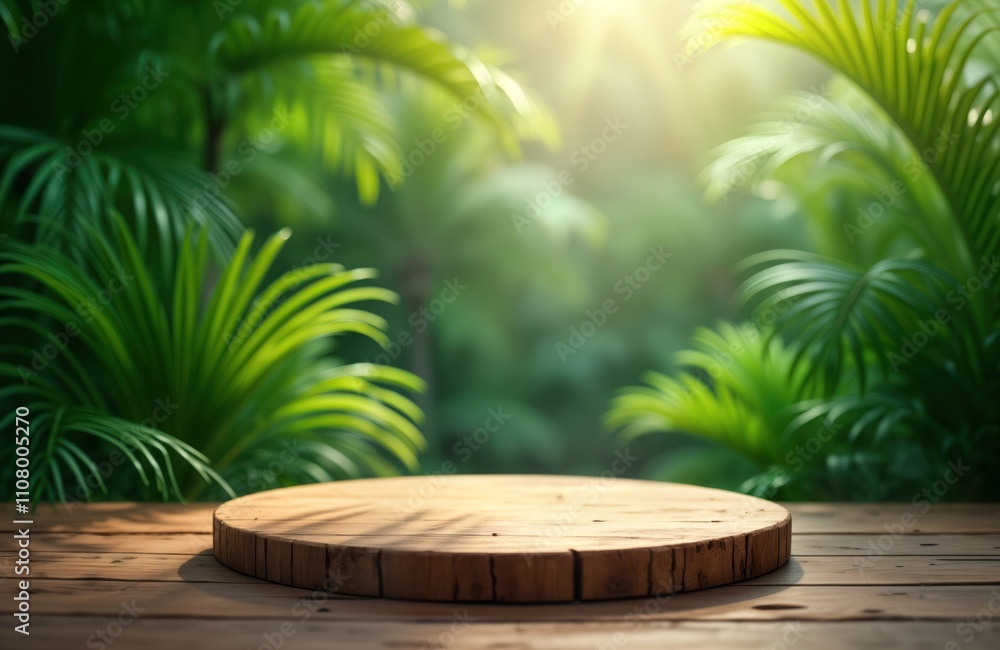 Poster wooden round platform sits in rich green tropical setting. sunlight filters through palm leaves crea