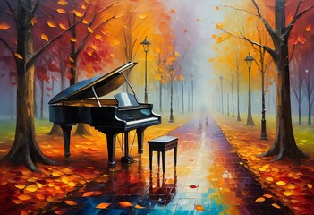 Acrylic painting, Fantasy the piano concert classic and emotion surreal in desert nature cloudy sky. Modern art paintings brush stroke on canvas. floral for background.
