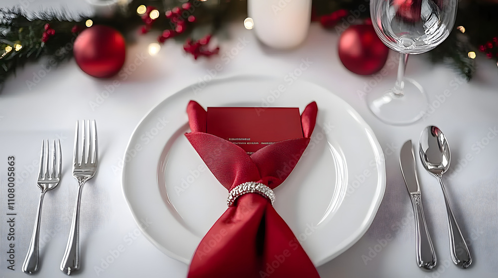 Aufkleber from above red holiday place setting with empty menu on white tablecloth : generative ai