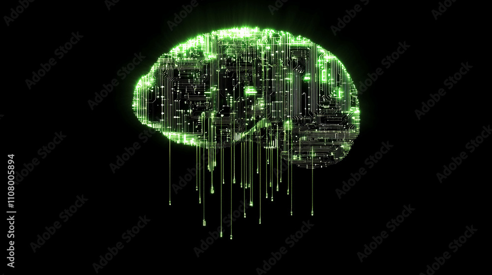 Poster neon green digital brain with circuit patterns emitting light drops in a dark background