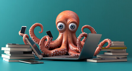 Octopus multitasking on multiple devices surrounded by books in a creative workspace