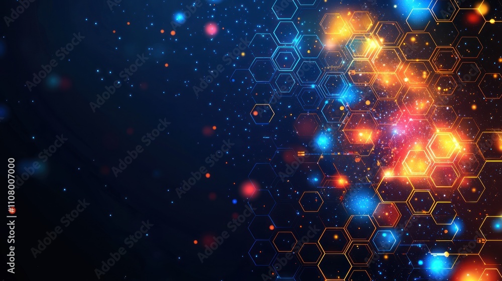 Poster a vibrant digital background featuring glowing hexagons and colorful sparks, creating a futuristic a