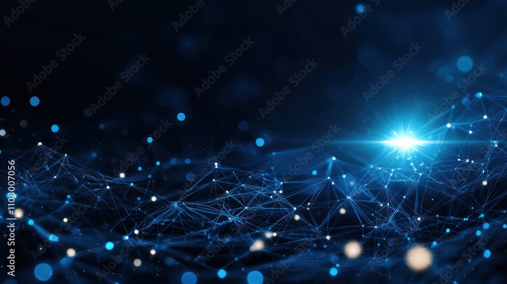 Poster a vibrant abstract image depicting interconnected nodes and luminous dots against a dark background,