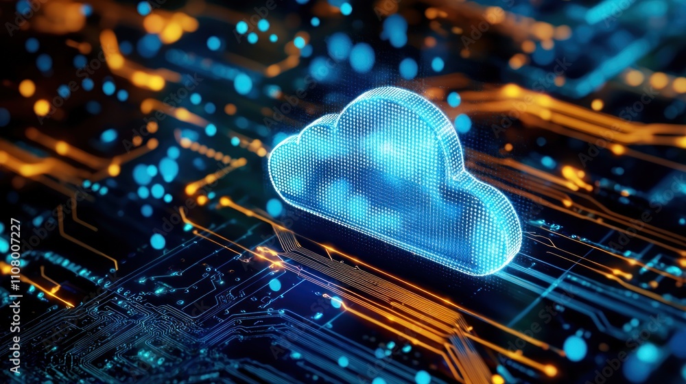 Poster a glowing blue cloud sits on a digital circuit board, symbolizing cloud computing and data storage t