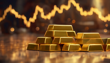 Stacks of gold bars against fluctuating financial graph emphasizing wealth, investment, market trends, and economic prosperity symbolism